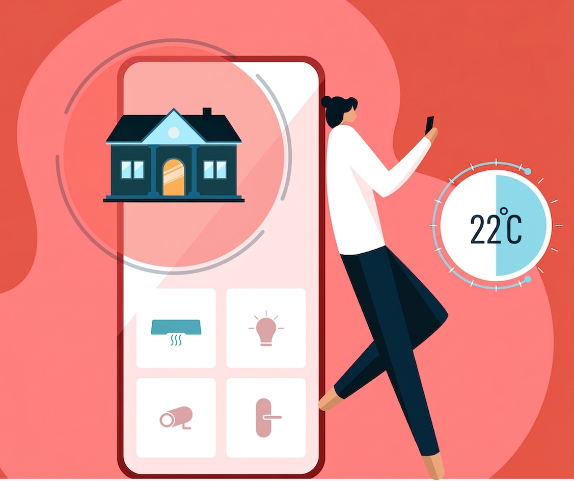 Ilustracja przedstawiająca osobę sterującą temperaturą w domu za pomocą telefonu