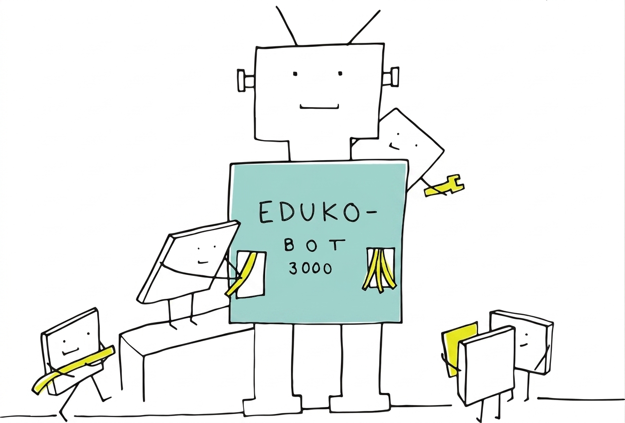 Zabawna ilustracja z postaciami z kreskówek budującymi wielkiego robota