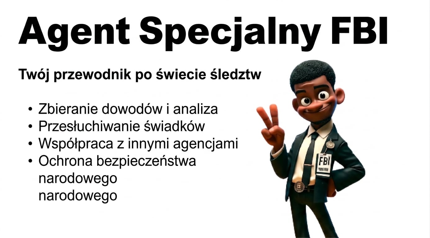 Rysunek przedstawia agenta FBI w stylu kreskówki wykonującego znak pokoju prawą ręką