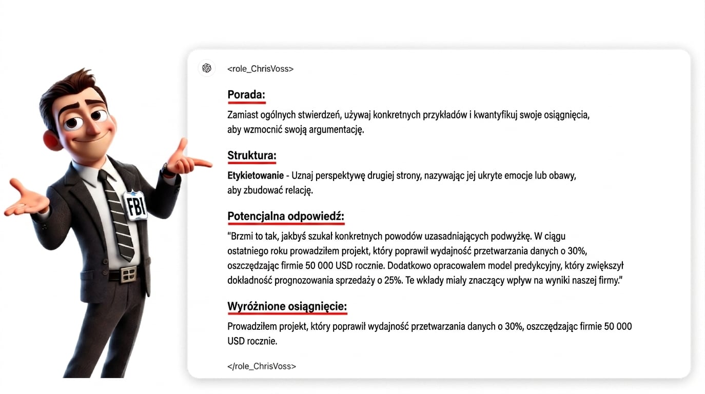 Grafika przedstawia rysunkową postać w garniturze FBI wskazującą na ustrukturyzowaną odpowiedź na prompt