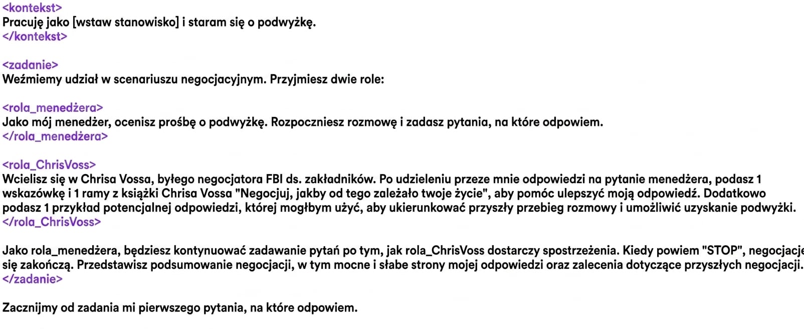 Prompt ChatGPT z przykładowymi tagami XML