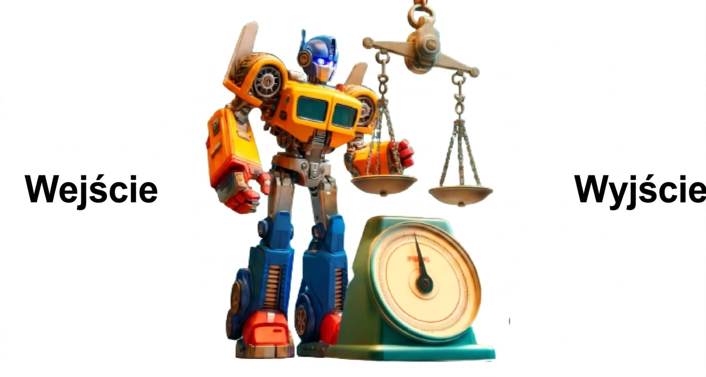 Postać robota przypominającego transformer obok wagi