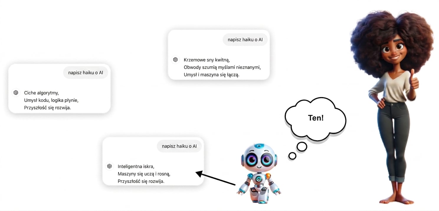 Ilustracja przedstawiająca kobietę pokazującą kciuk w górę obok robota oraz trzy haiku o AI wyświetlone na ekranach. Kobieta i robot mają dymki z napisem „To!"