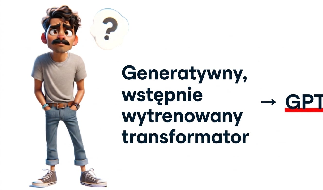 Ilustracja przedstawiająca zdezorientowanego mężczyznę ze znakiem zapytania nad głową. Po jego prawej stronie widnieje tekst „Generative Pre-trained Transformer" ze strzałką wskazującą na pogrubione i podkreślone „GPT"