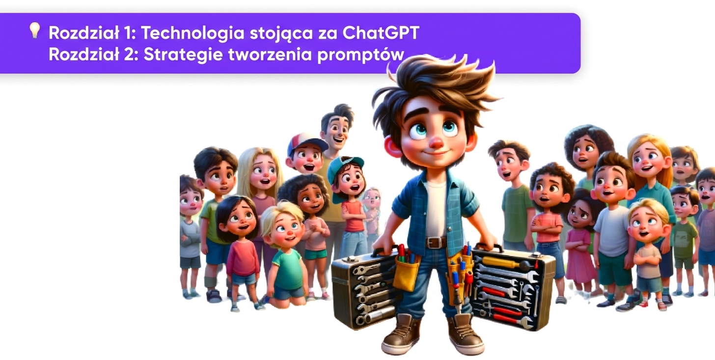 Ilustracja osoby trzymającej narzędzia, otoczonej przez tłum podziwiających widzów