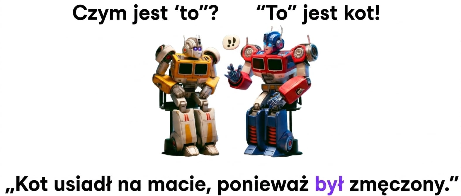 Dwa kolorowe roboty siedzące obok siebie; robot po prawej gestykuluje, jakby mówił.