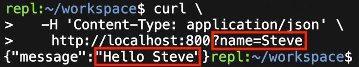 Terminal z żądaniem curl z podaną nazwą. Odpowiedź: "Hello Steve."