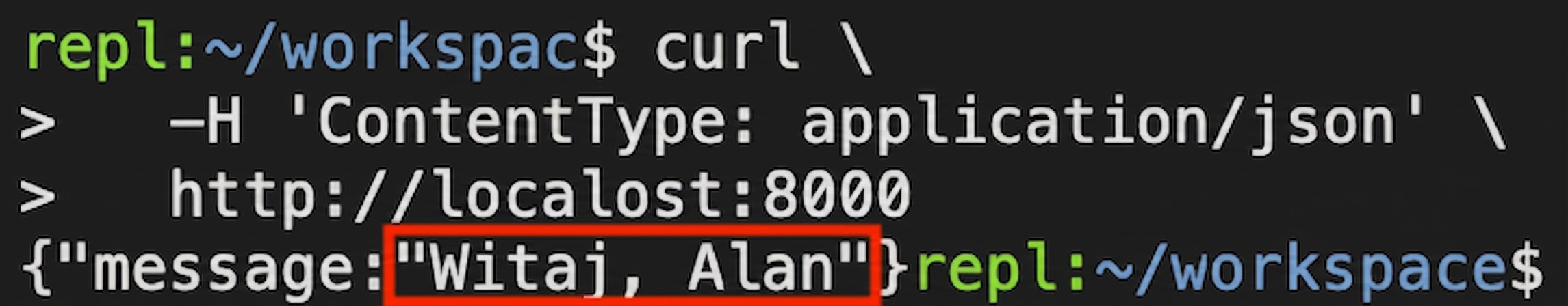 Terminal z żądaniem curl bez podanej nazwy. Odpowiedź: "Hello Alan."