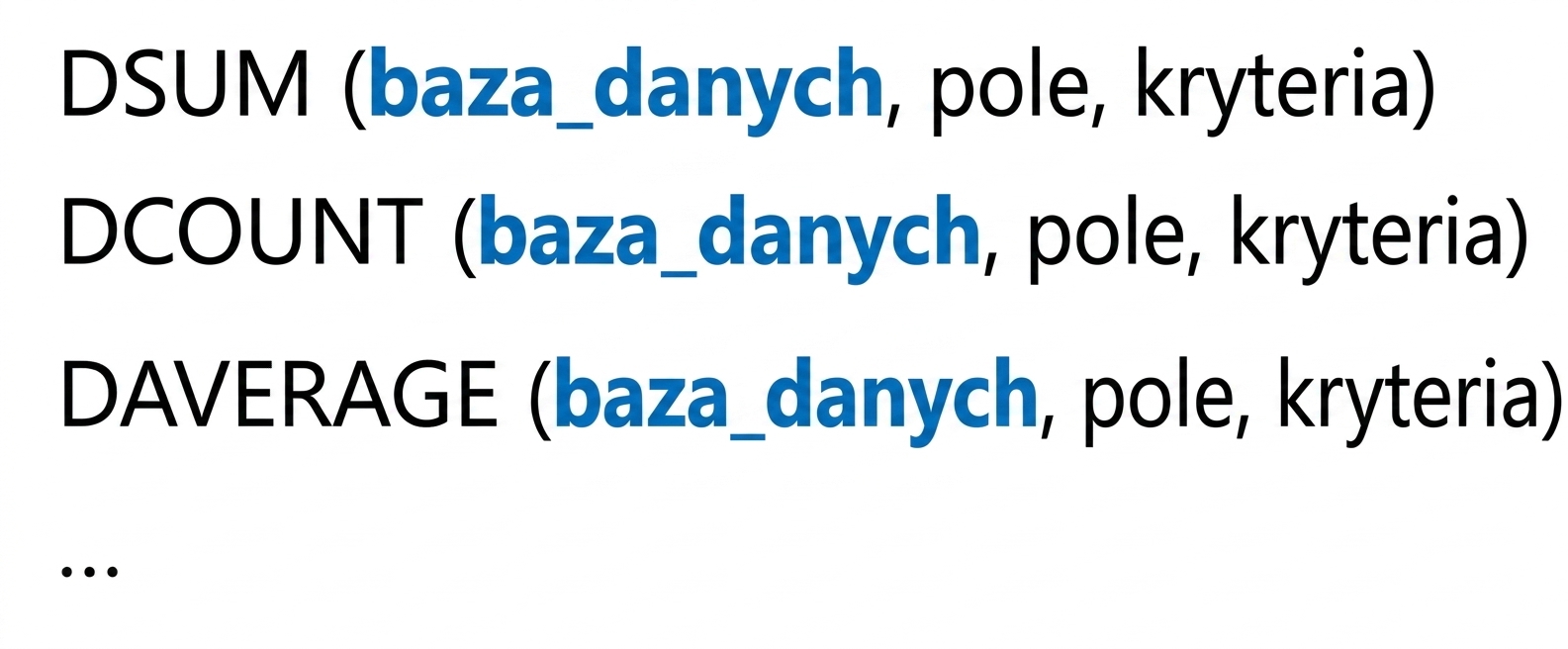 Składnia funkcji bazy danych w Excelu
