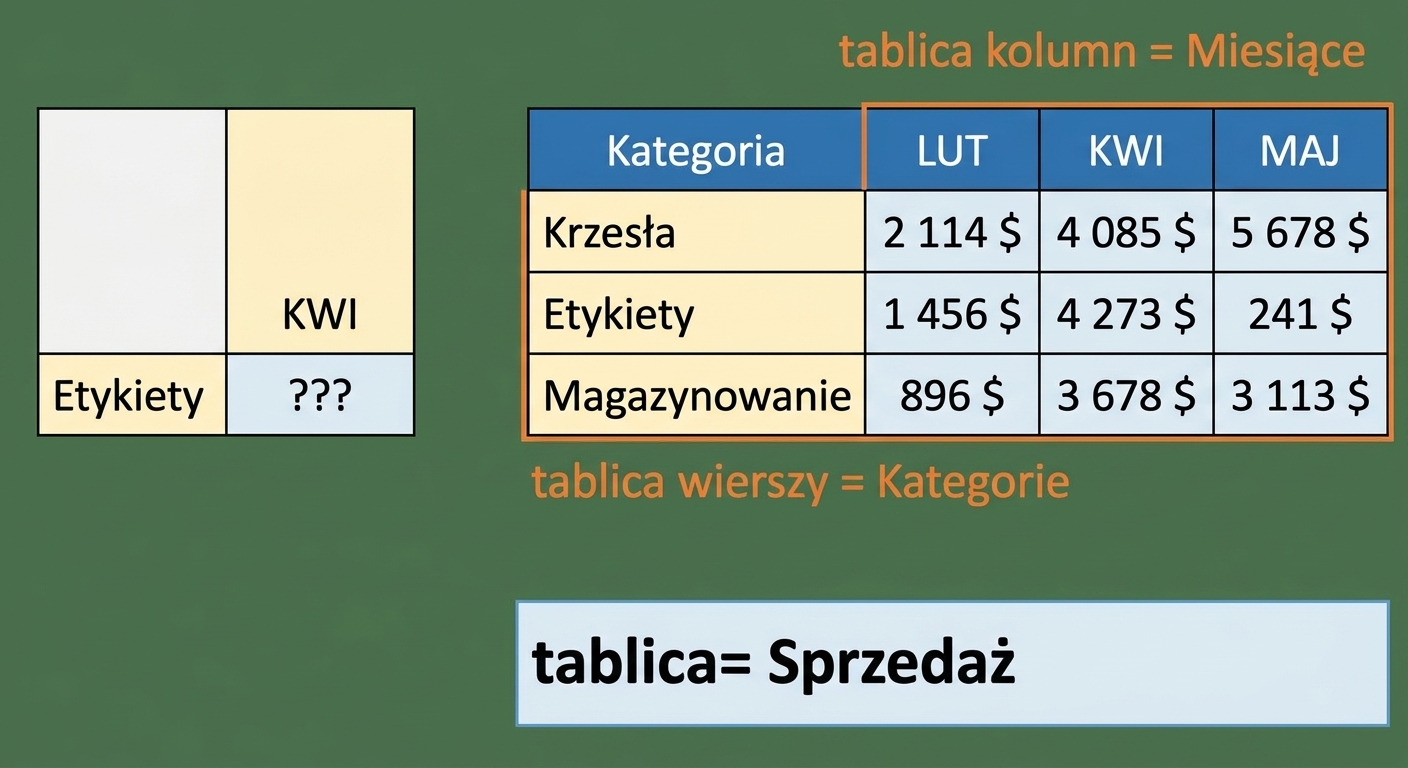 Tabela w Excelu z 5 kolumnami i 4 wierszami ilustrująca użycie funkcji INDEX i MATCH