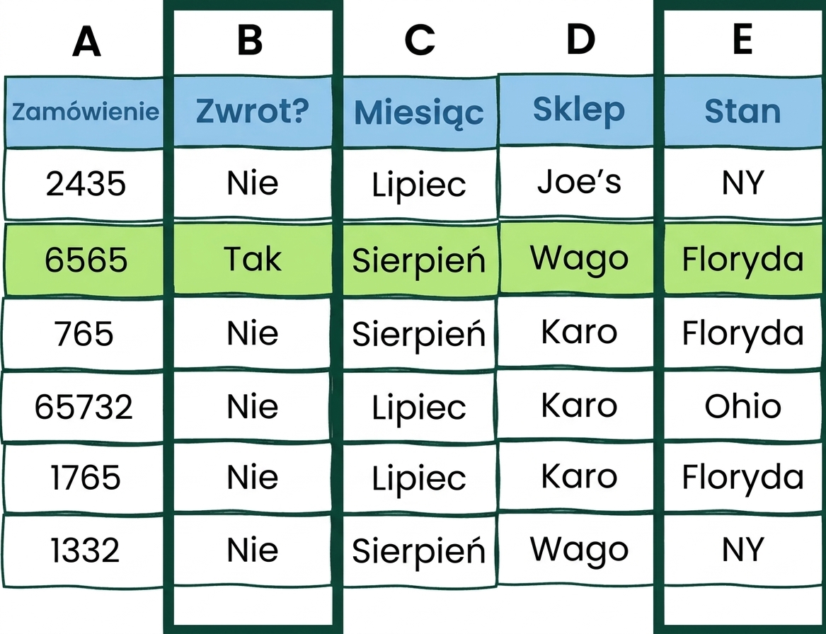 Przykład tabeli Excela z dwoma warunkami AND