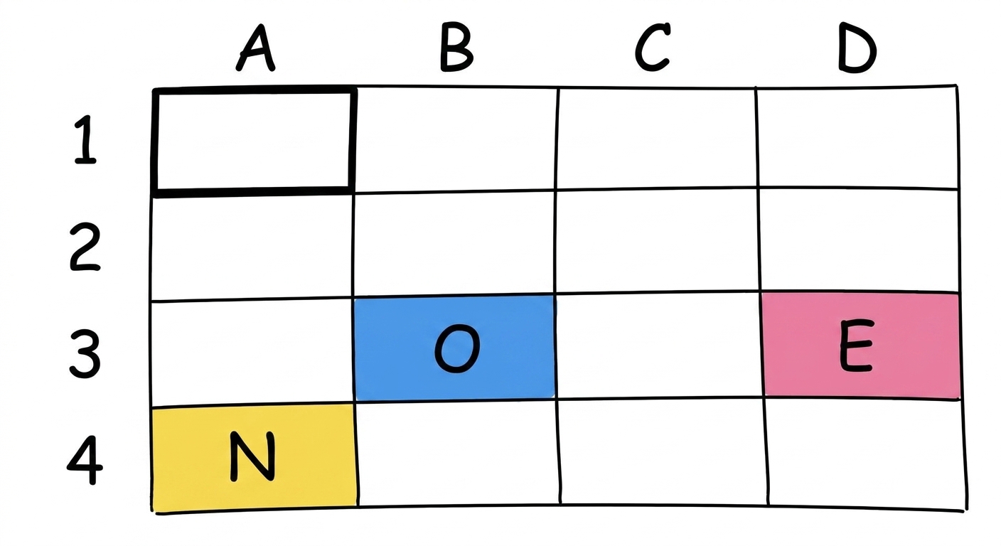 An Excel table with several coloured cells with letters