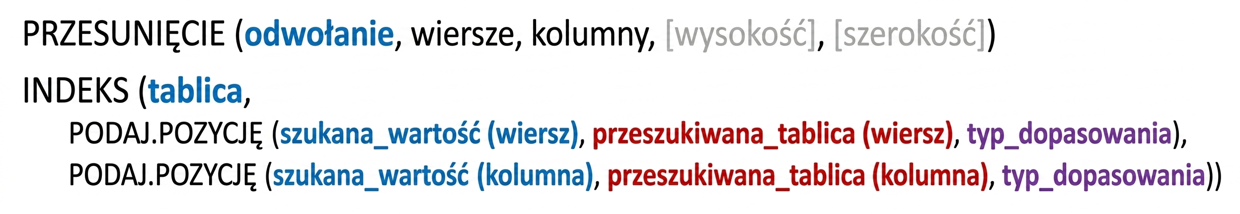 Składnia funkcji OFFSET(), INDEX() i MATCH() w programie Excel