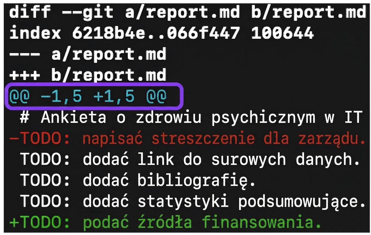 Wynik git diff z adnotacją ze strzałką wskazującą piąty wiersz zawierający "@@ -1, 5 +1, 5 @@", reprezentujący początkowe i końcowe wiersze obu wersji