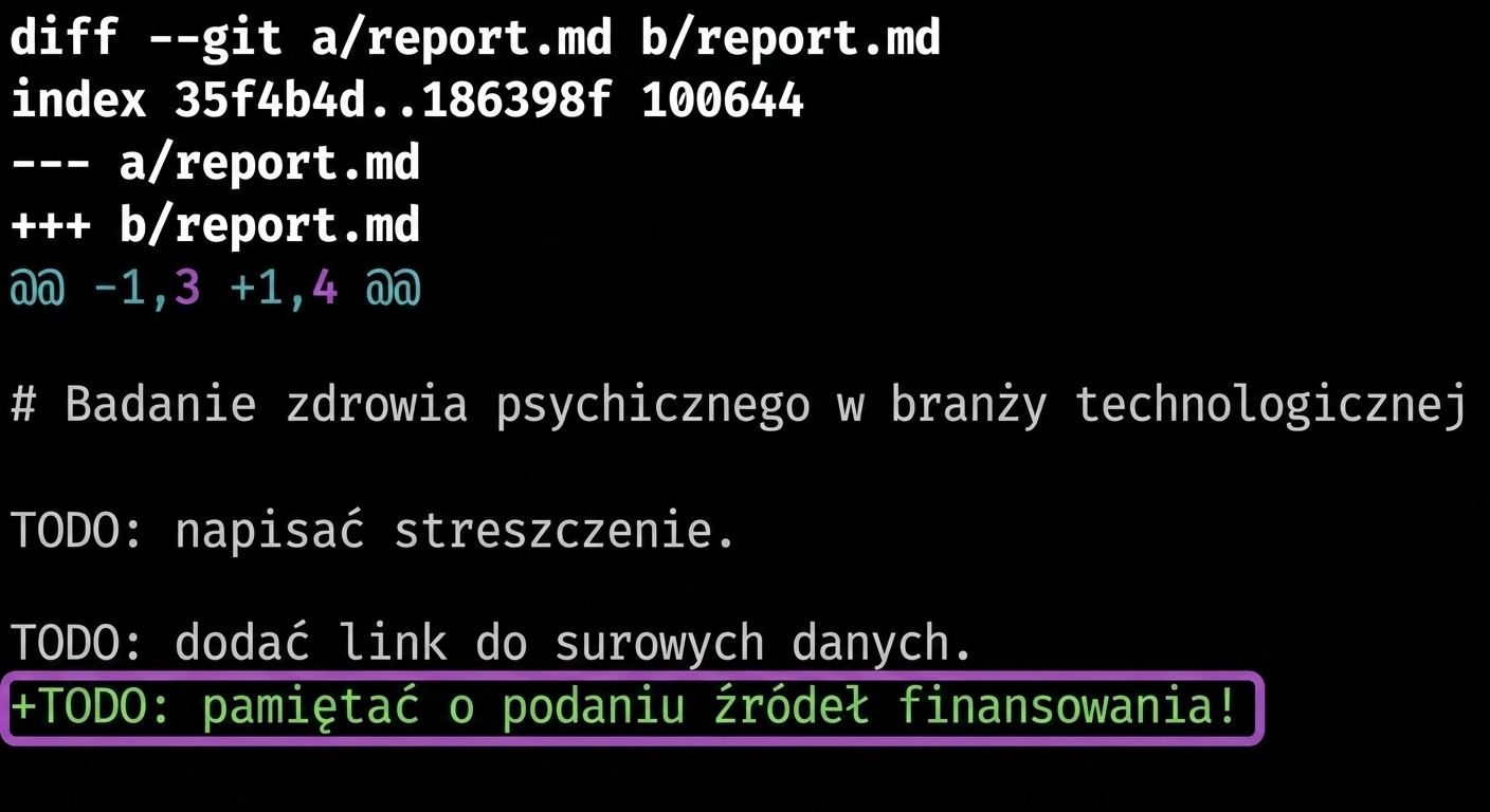 Wynik git diff dla pierwszego i trzeciego najnowszego commitu – najnowsza wersja zawiera dodatkowy wiersz