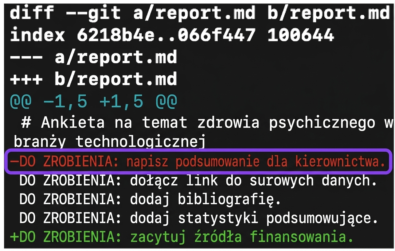 Wynik git diff z adnotacją ze strzałką wskazującą piąty wiersz zawierający "@@ -1, 5 +1, 5 @@", reprezentujący początkowe i końcowe wiersze obu wersji