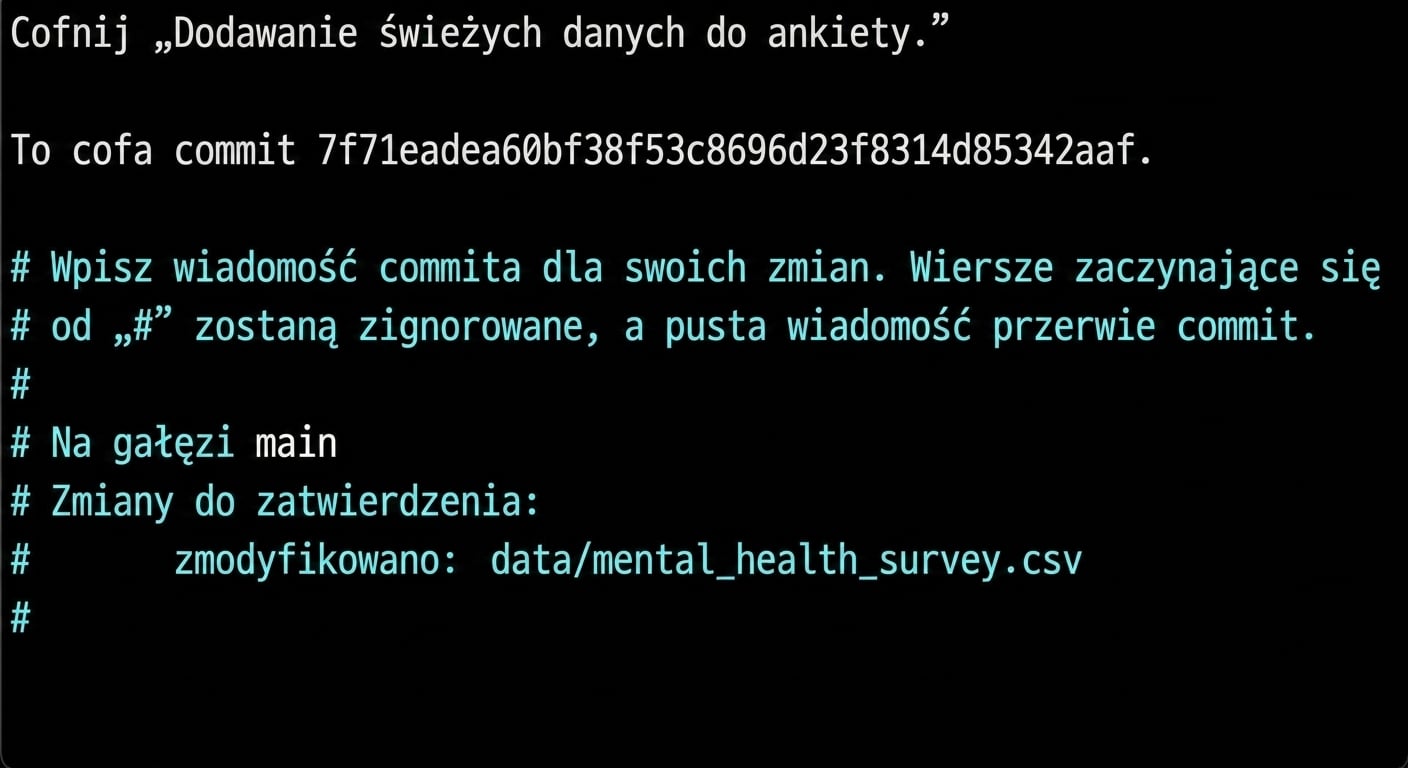 Edytor tekstu pokazujący commit
