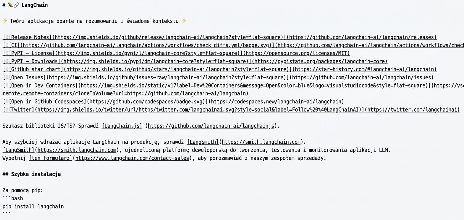 Surowy kod Markdown pliku README z repozytorium LangChain na GitHubie.