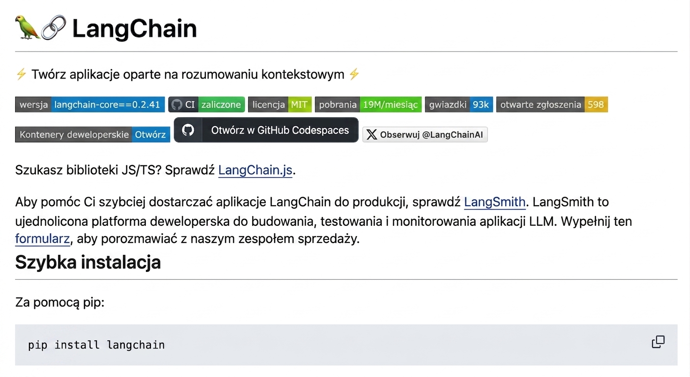 Wyrenderowany Markdown z pliku README.md LangChain na GitHubie.