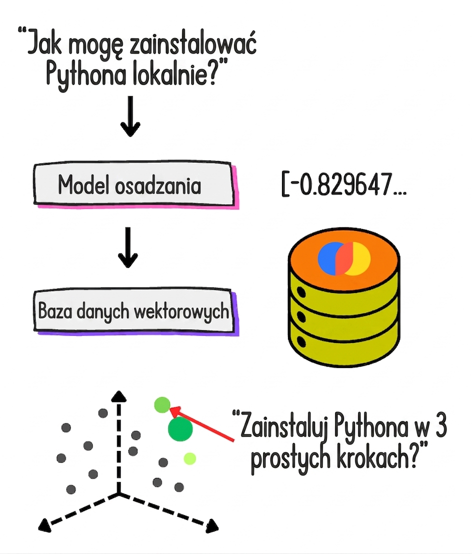 Typowy przepływ pracy RAG z wektorowym magazynem danych.
