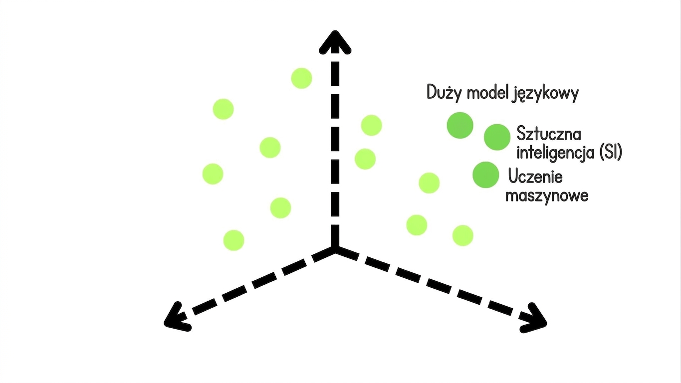 Przestrzeń wektorowa z podobnymi terminami zgrupowanymi razem: Large Language Model, AI i Machine Learning.