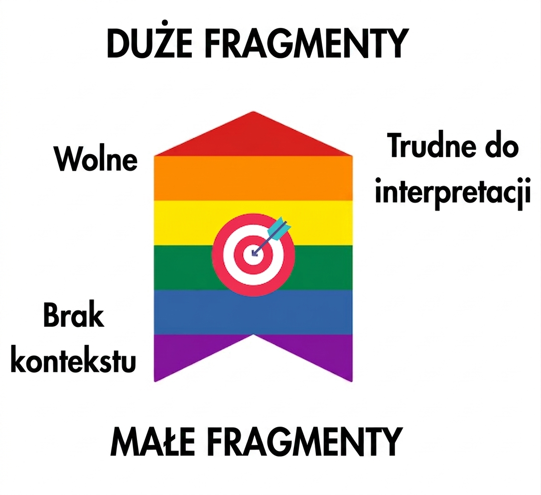 Strzałka pokazująca, że idealny rozmiar fragmentu jest gdzieś pośrodku; duże fragmenty mogą powodować wolne pobieranie i trudności z interpretacją, a małe mogą zawierać niewystarczający kontekst.