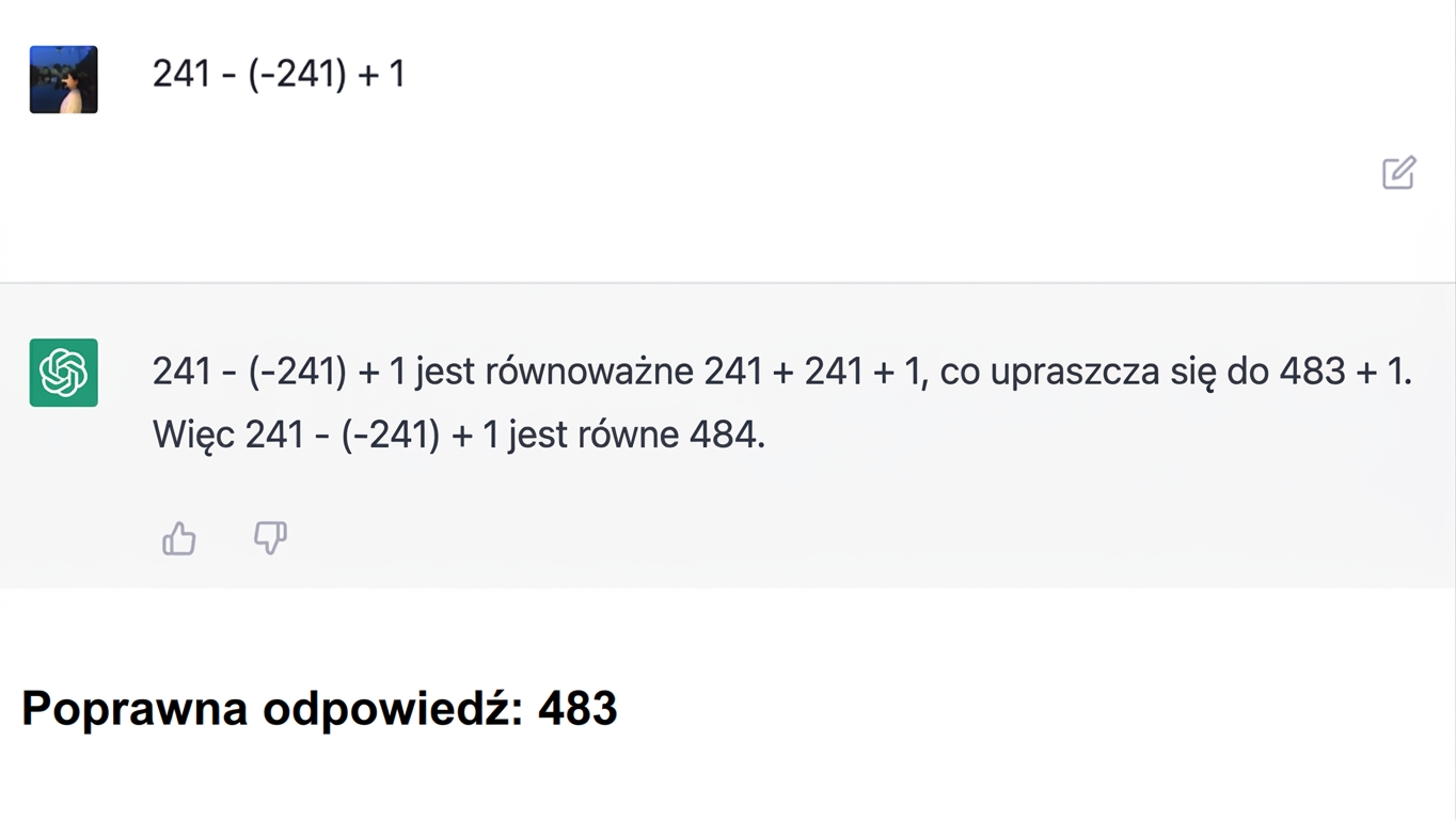 Zrzut ekranu z błędną odpowiedzią matematyczną z wcześniejszej rozmowy z ChatGPT. Poprawna odpowiedź „483" dodana na dole obrazu.