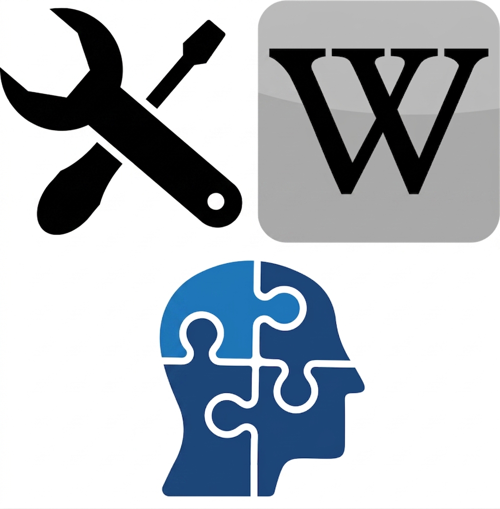 Ikona narzędzi, Wikipedii i układanki przedstawiającej ludzką twarz.
