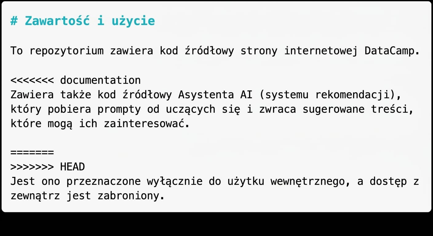 plik README pokazujący sekcje konfliktu w edytorze nano
