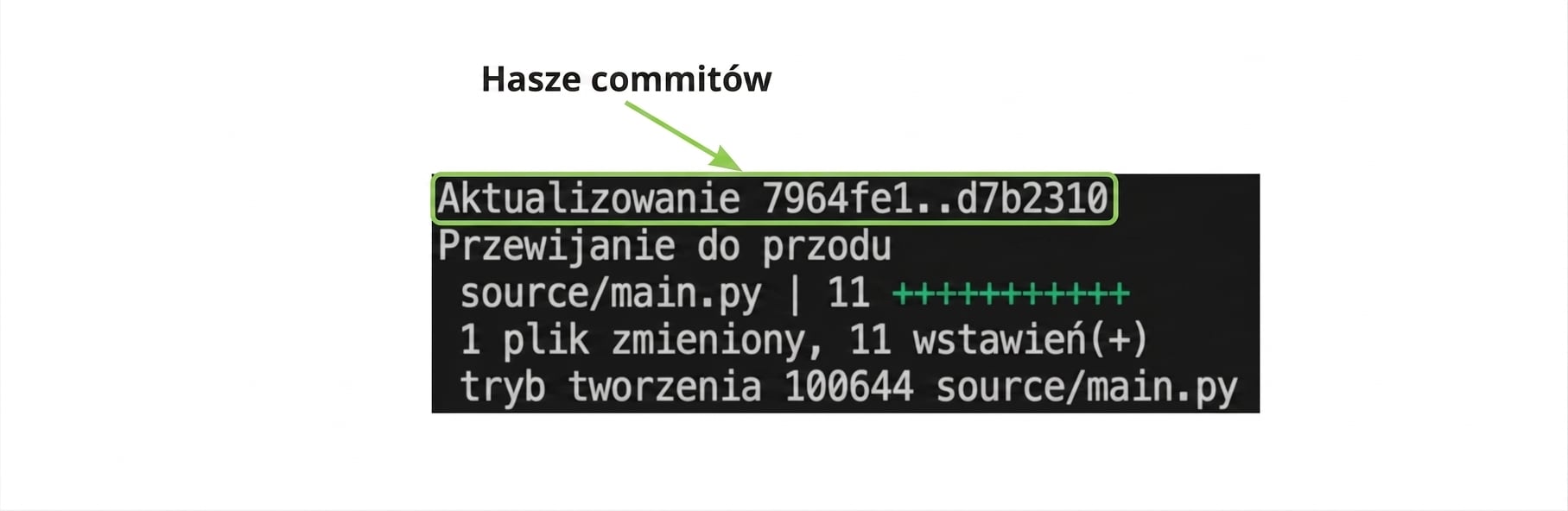 Wynik git_merge z wyróżnieniem skrótów commitów