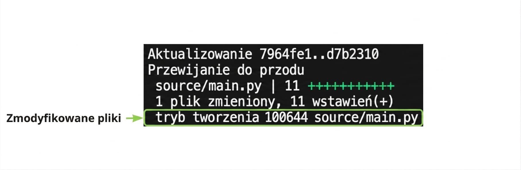 Wynik git_merge z wyróżnieniem ostatniej linii pokazującej nazwę utworzonego pliku