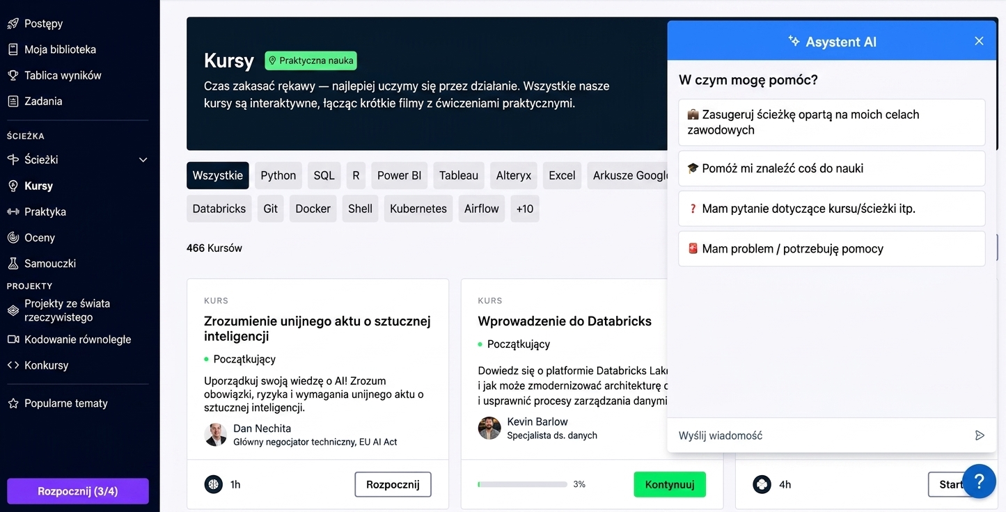 Strona kursów DataCamp z asystentem AI