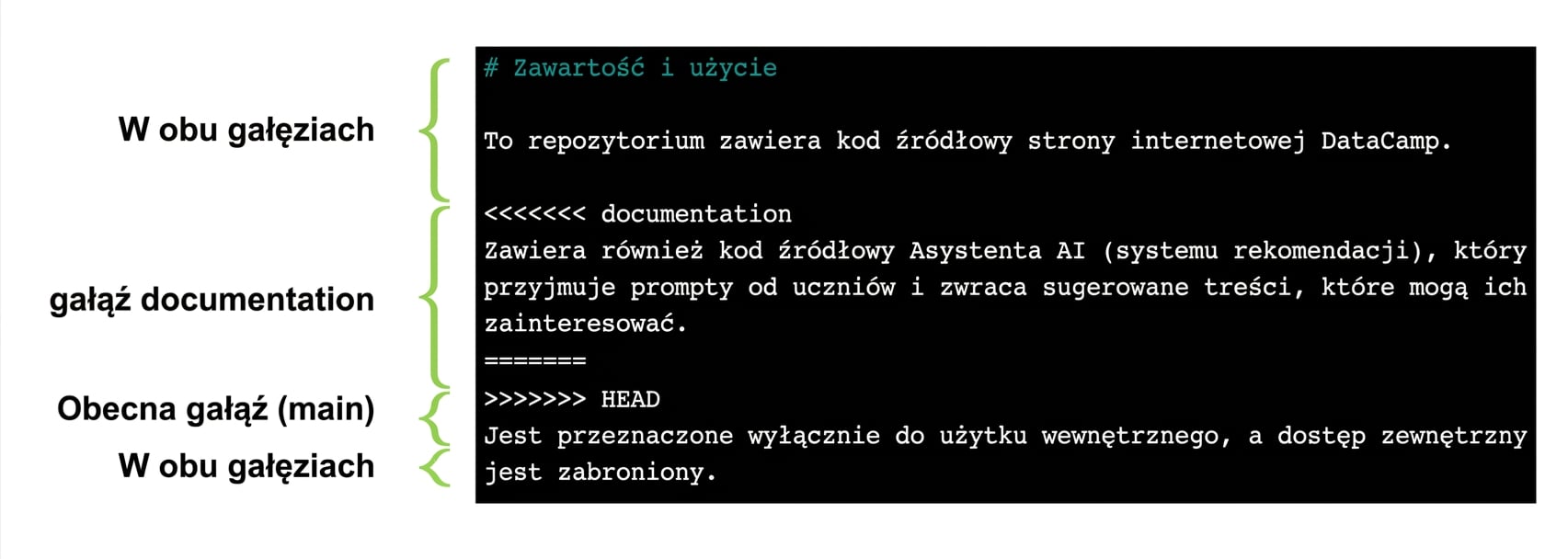 opatrzony adnotacjami plik konfliktu pokazujący zawartość gałęzi main oraz gałęzi documentation