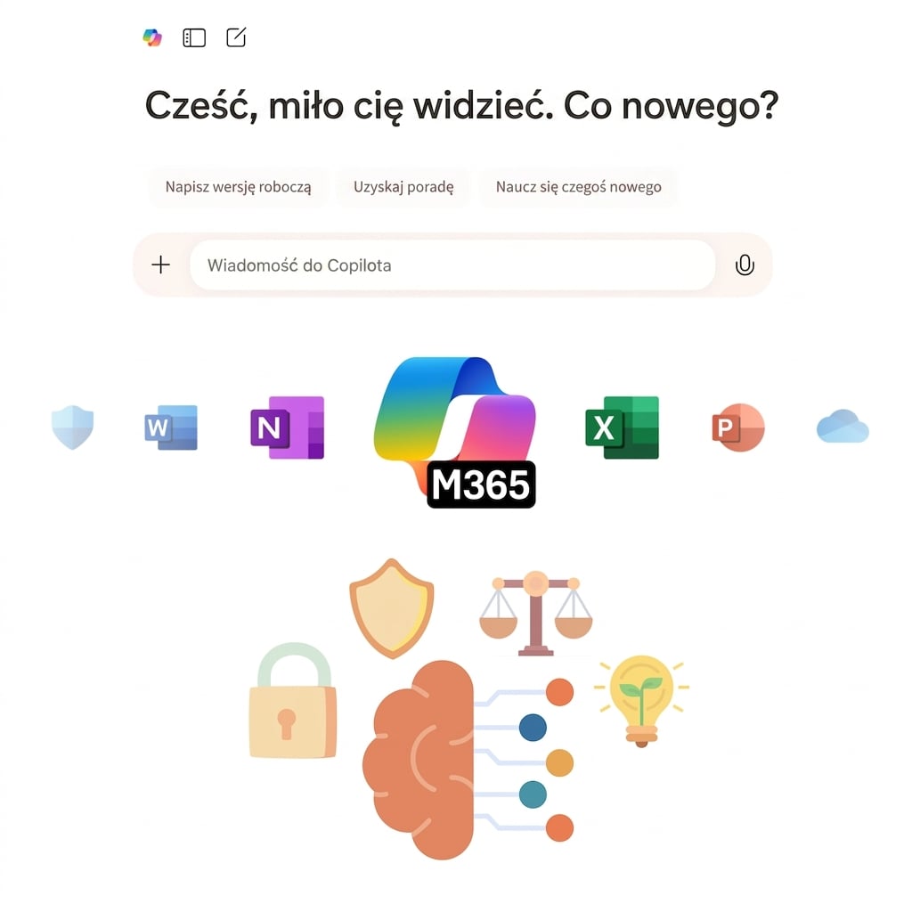 Ikony czatu Copilot i Copilot 365 oraz ikona reprezentująca odpowiedzialną AI