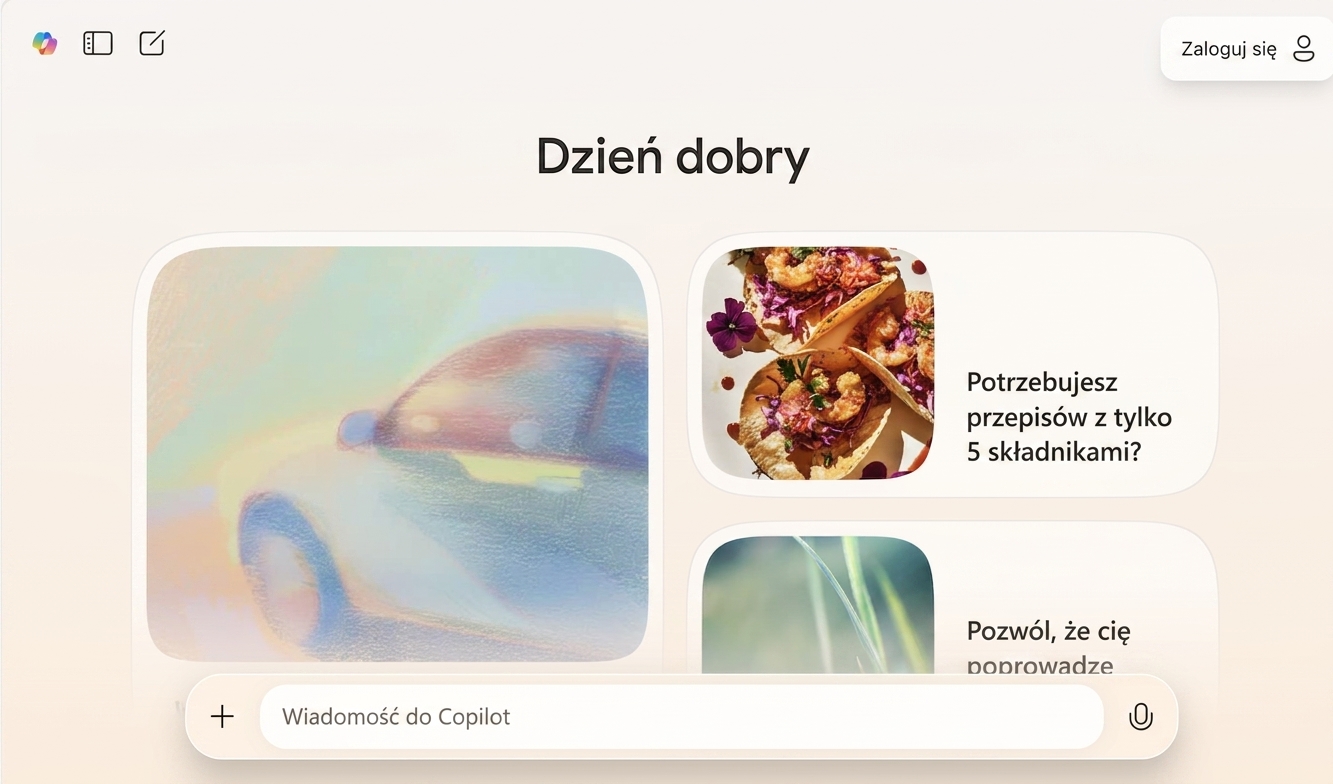 Obraz przedstawiający interfejs internetowy Copilot. Pod obrazami widoczne są kolejno ułożone podpowiedzi.