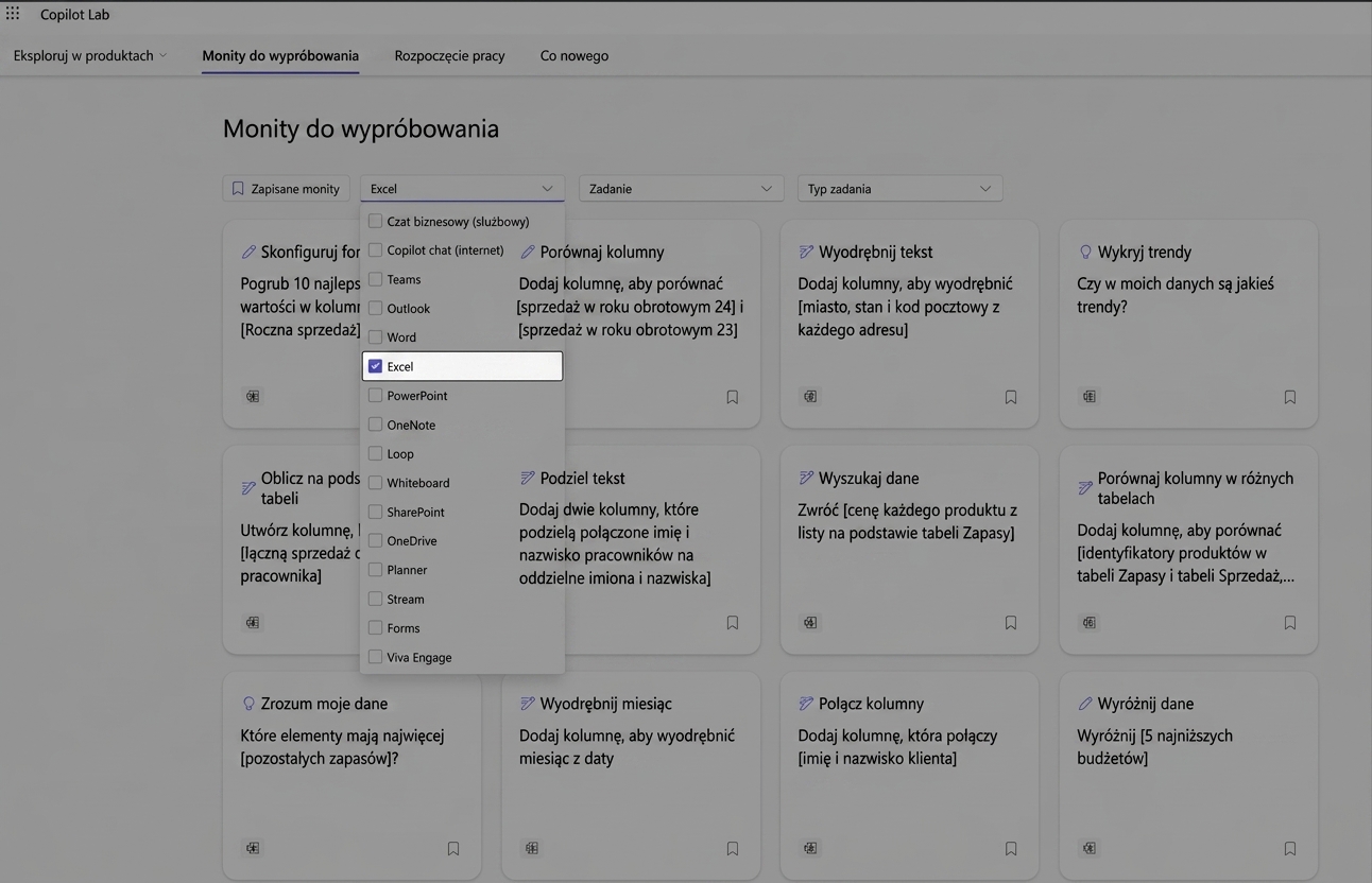 Zestaw sugerowanych promptów z Copilot Lab z filtrem listy rozwijanej.