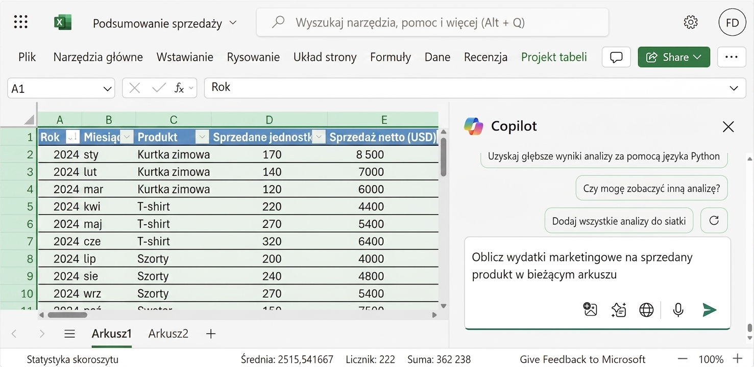 Otwarty dokument Excel z danymi produktów odzieżowych i czatem Copilot z prośbą o obliczenie średnich wydatków marketingowych na produkt.