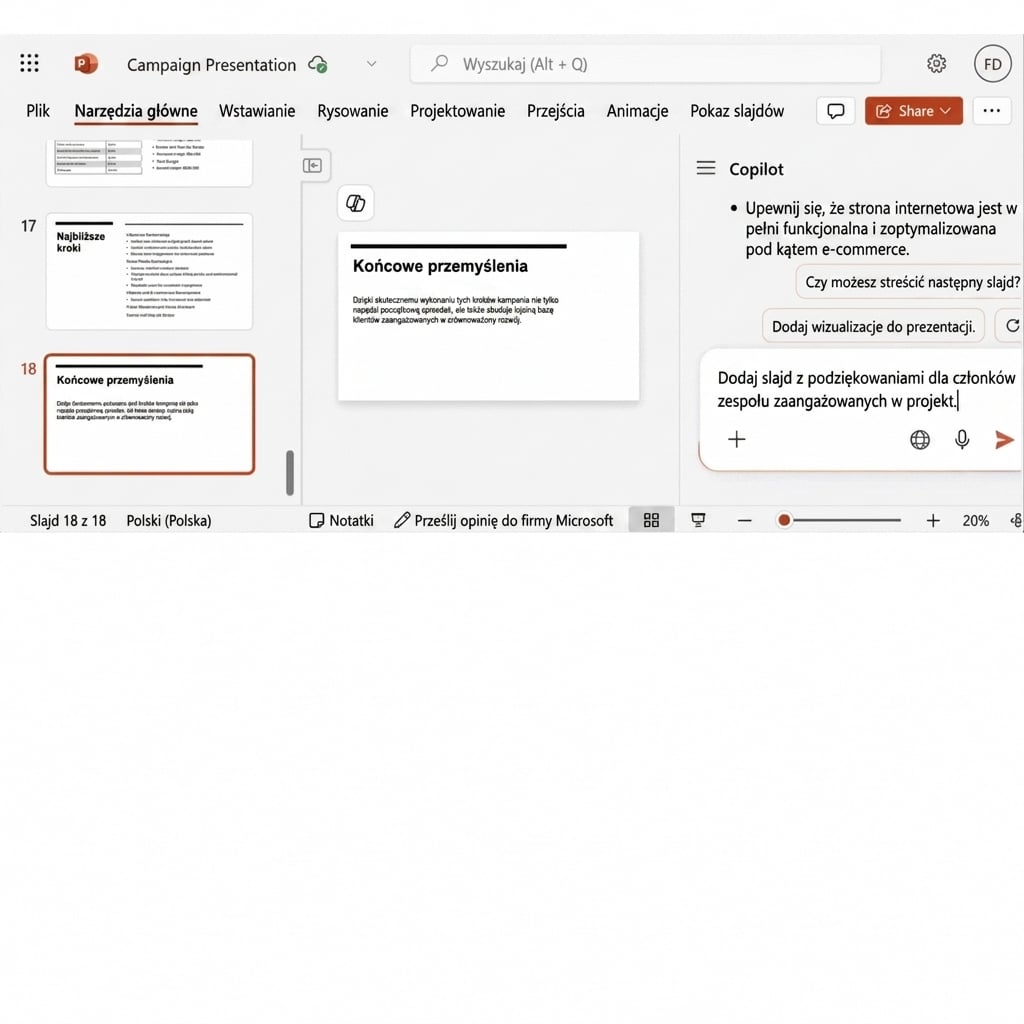 Slajd PowerPoint z otwartym czatem Copilot, w którym użytkownik prosi o dodanie kolejnego slajdu.
