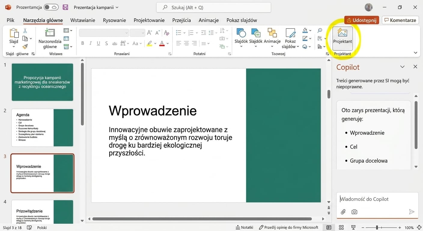 Zrzut ekranu prezentacji PowerPoint z wyróżnionym elementem Designer