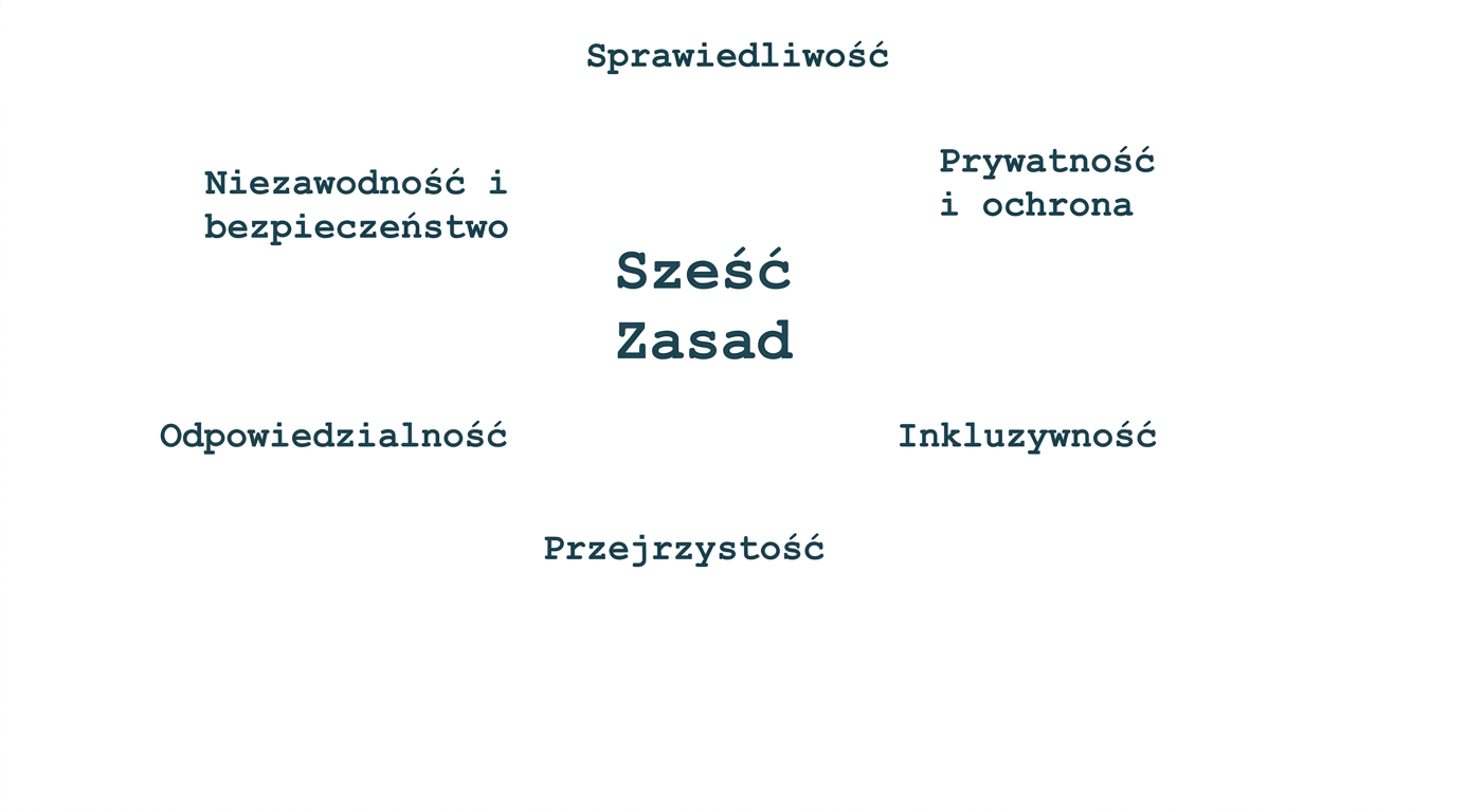 Tekst „sześć zasad" otoczony nazwami zasad: sprawiedliwość, prywatność i bezpieczeństwo, niezawodność i bezpieczeństwo, odpowiedzialność, inkluzywność i przejrzystość.