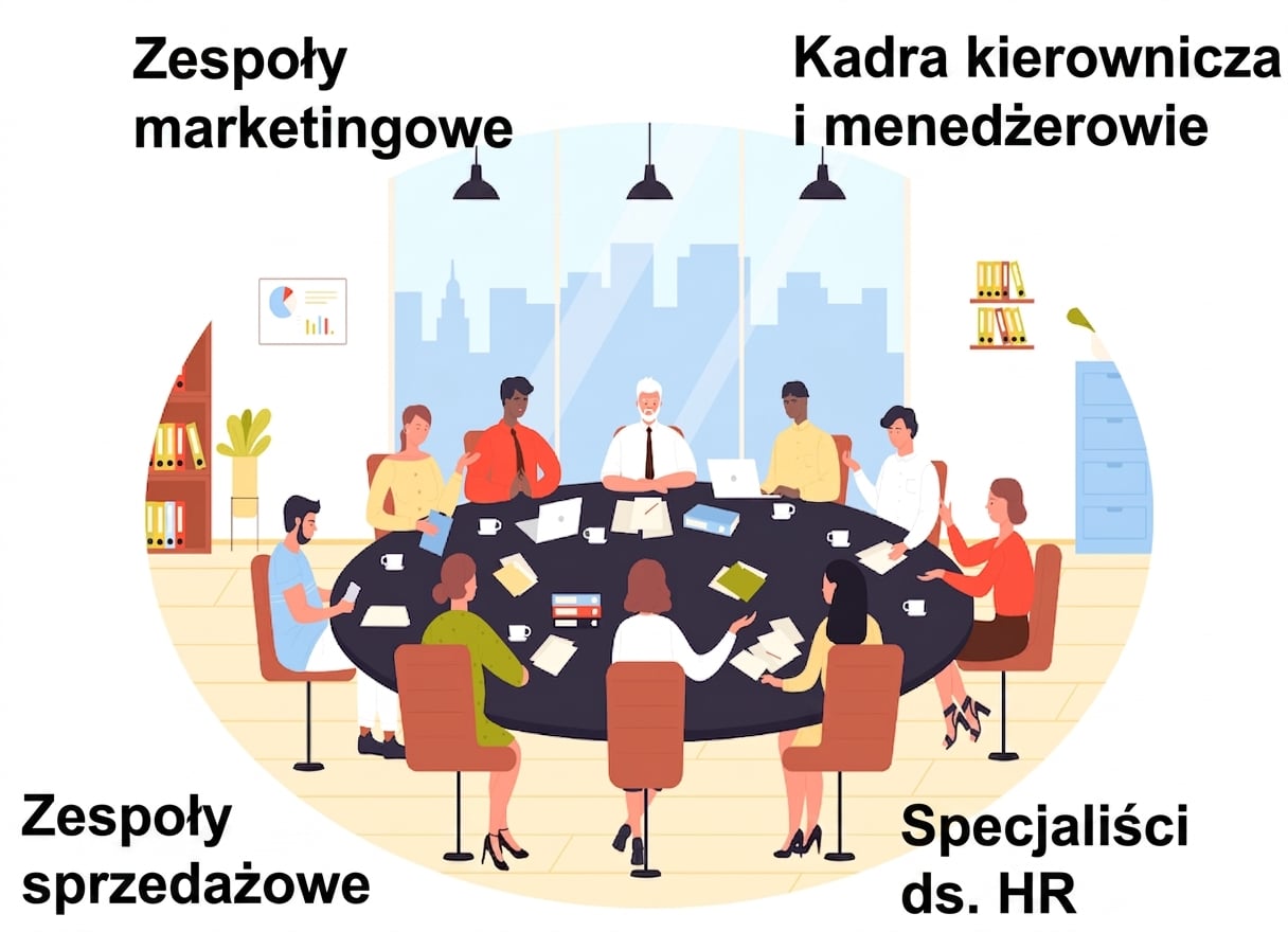 Ilustracja zróżnicowanej grupy profesjonalistów, w tym pracowników marketingu, sprzedaży, HR i kadry kierowniczej, siedzących przy dużym stole konferencyjnym.