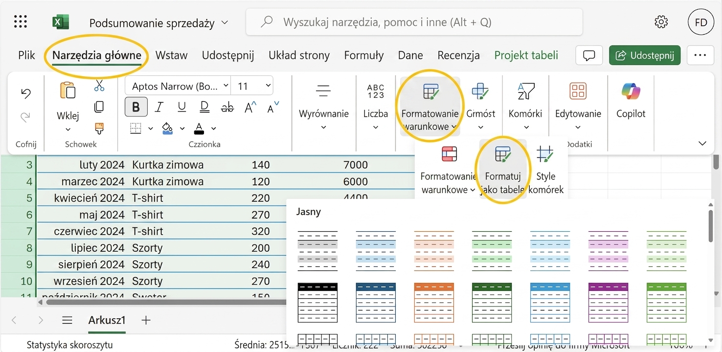 Otwarty dokument Excel pokazujący formatowanie danych jako tabela.