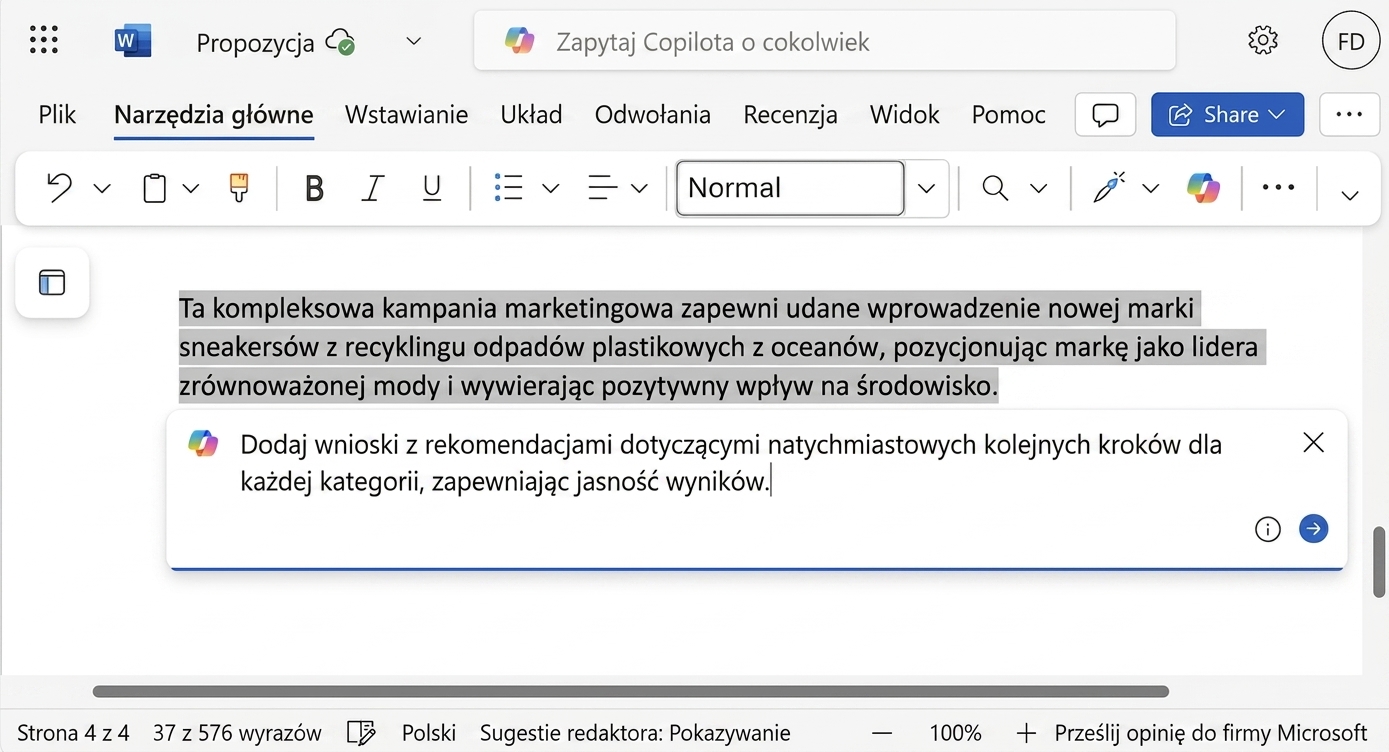Zrzut ekranu z zaznaczonym akapitem do modyfikacji i czatem Copilota poniżej, w którym użytkownik prosi o ulepszenia.
