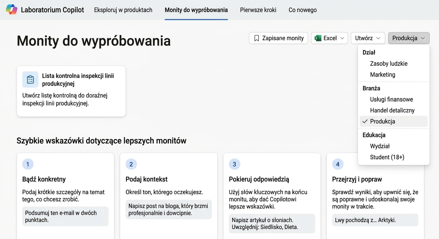 Zestaw sugerowanych promptów z Copilot Lab z filtrem listy rozwijanej.