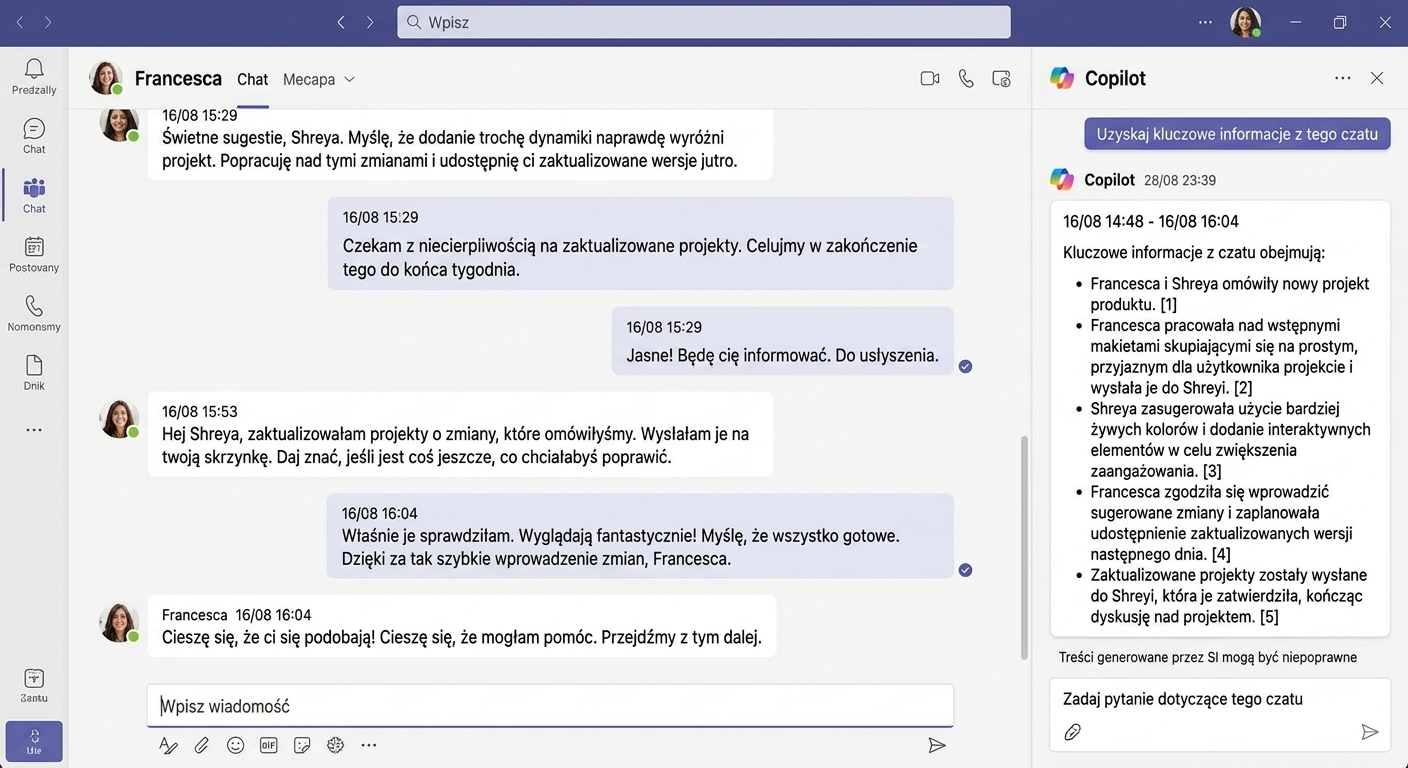 Copilot wyodrębniający kluczowe informacje z czatu.