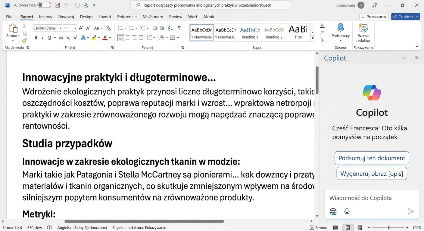 Zrzut ekranu otwartego dokumentu Word z otwartym czatem Copilota po boku.