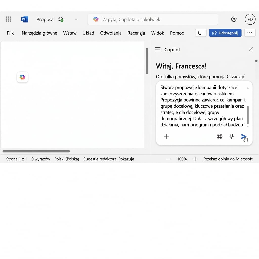 Zrzut ekranu otwartego czatu Copilota z pytaniem „utwórz propozycję projektu dla nowej kampanii marketingowej" oraz gotowym dokumentem stworzonym przez Copilota.