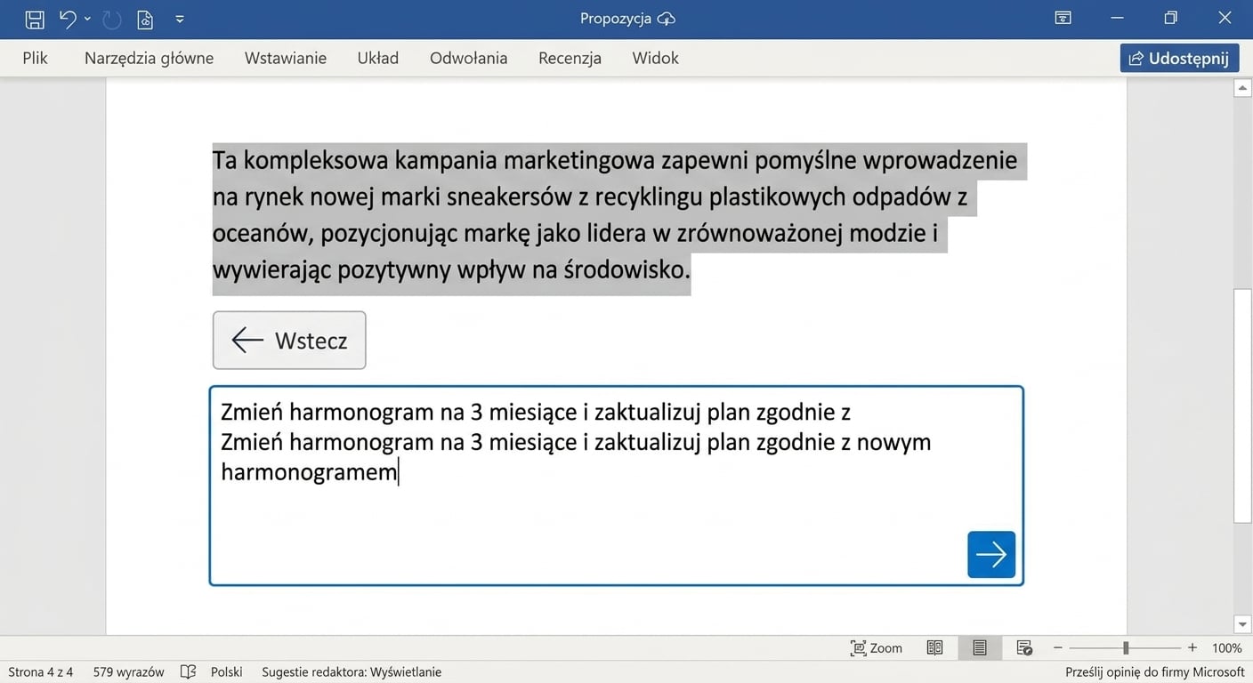 Otwarte okno czatu Copilota z prośbą użytkownika o zmianę harmonogramu dat.
