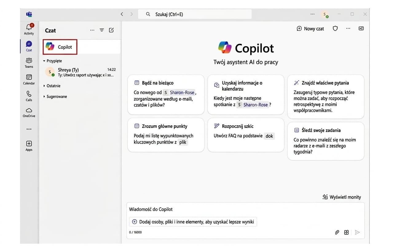Zrzut ekranu Microsoft Teams z otwartym czatem Copilota i podświetloną ikoną Copilota w lewym górnym rogu.