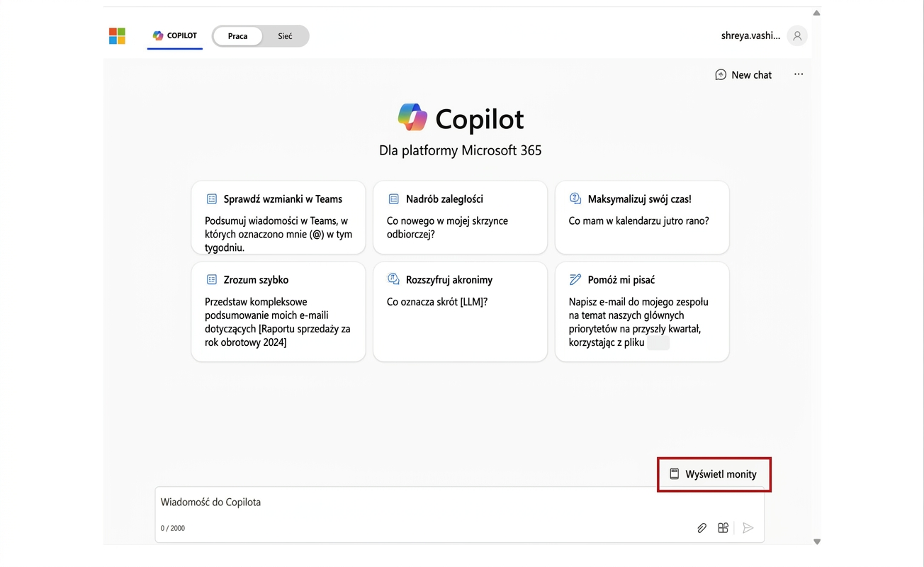 Strona główna Copilot dla Microsoft 365 z opcją przeglądania promptów.